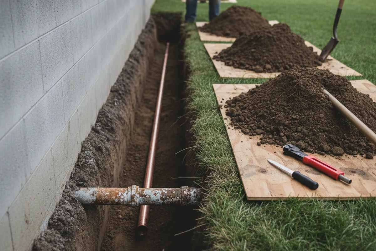 Excavated water line trench during Water Softener Installation in Roebuck